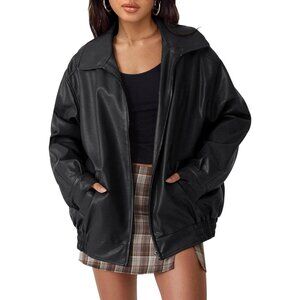 Women's Black Faux Leather Fall Motorcycle Coat with Zipper Oversized Jacket